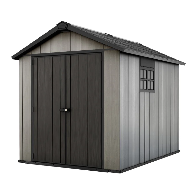 Keter Oakland 7.5x9 ft. Durable Resin Outdoor Storage Shed With Floor and Double Doors for Garden Patio Furniture and Tools, Grey