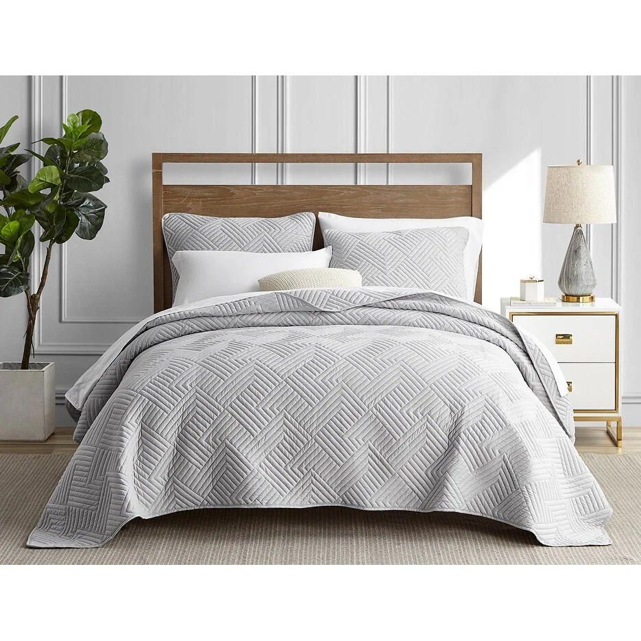 Garment Wash Grid Stitched Ultra Soft Microfiber 3-Piece Quilt Set