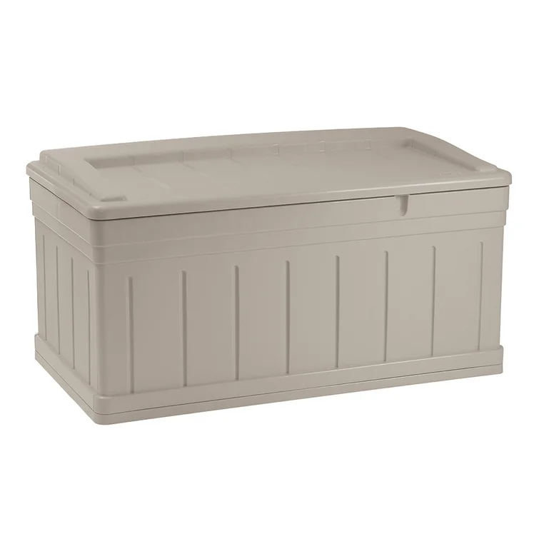 Suncast 129 Gallon Water Resistant Resin Deck Box with Storage Seat in Light Taupe