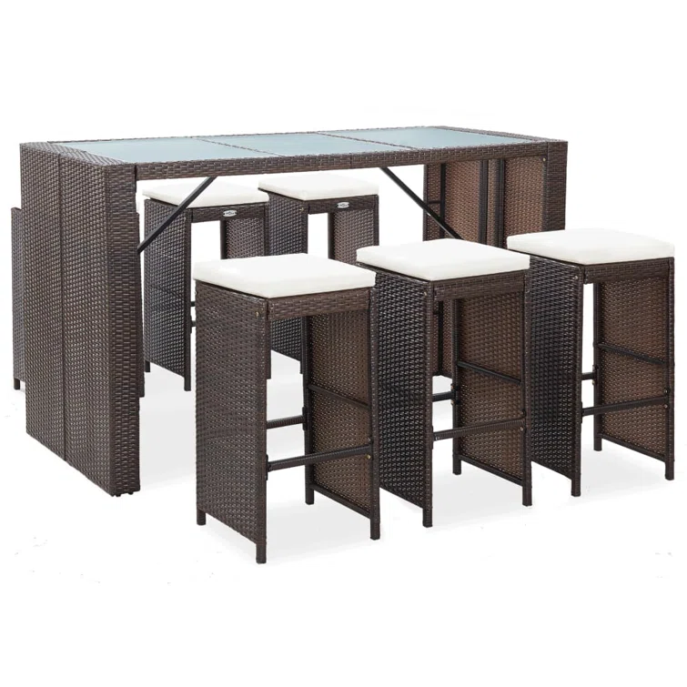 Patio Bar Set 7 Piece Outdoor Bar Table and Chairs Poly Rattan Brown