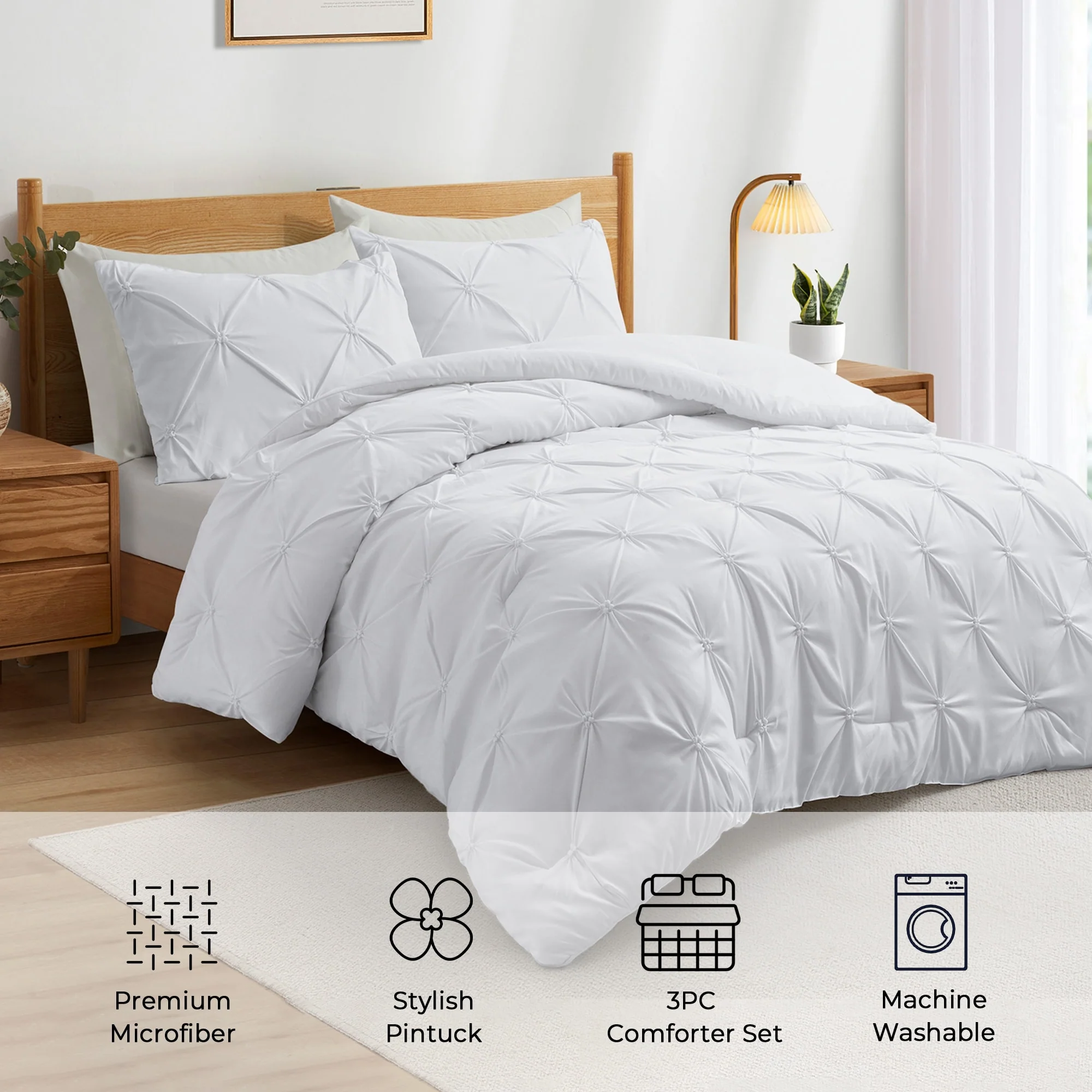 3 Piece Pintuck Pinch Pleat Comforter Set, Bedding Set for All Season, White