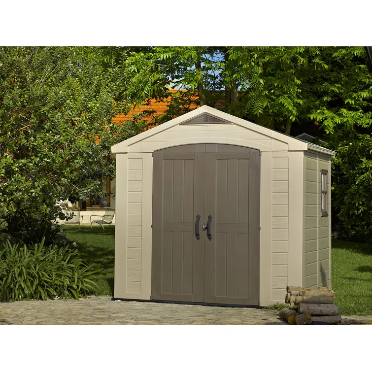 Keter Factor 8x6 ft. Durable Resin Outdoor Storage Shed With Floor and Double Doors for Garden Patio Furniture and Tools, Brown