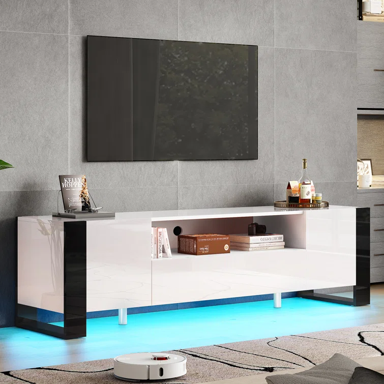Bhhatu Modern LED TV Stands, 70 Inch TV Console With High Gloss Finish,Entertainment Center With 2 Cabinet Storage Drawer For Living Room, Gaming Room, TV Cabinet For TVs Up To 80