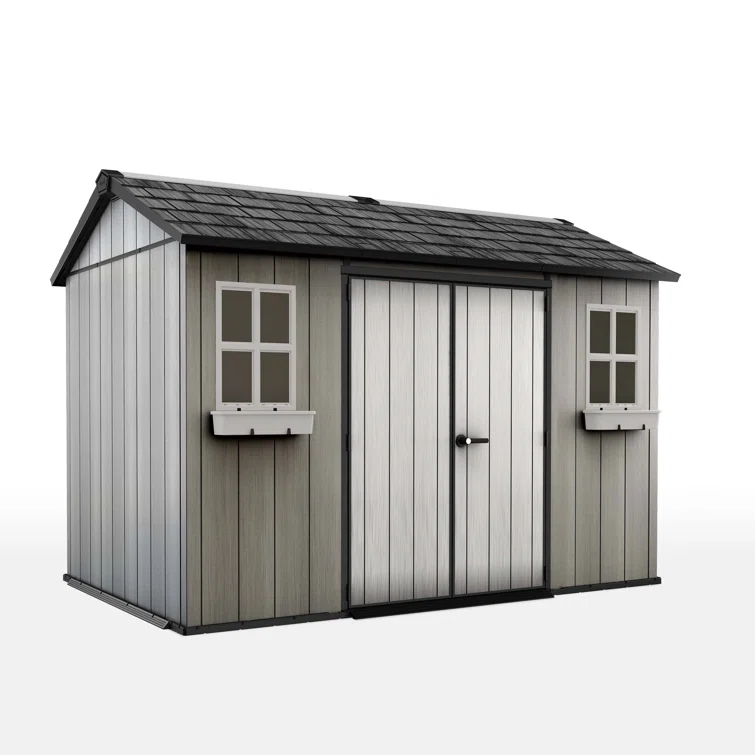 Keter Oakland 11x 7.5 ft. Durable Resin Outdoor Storage Shed With Floor and Double Doors for Garden Patio Furniture and Tools, Grey
