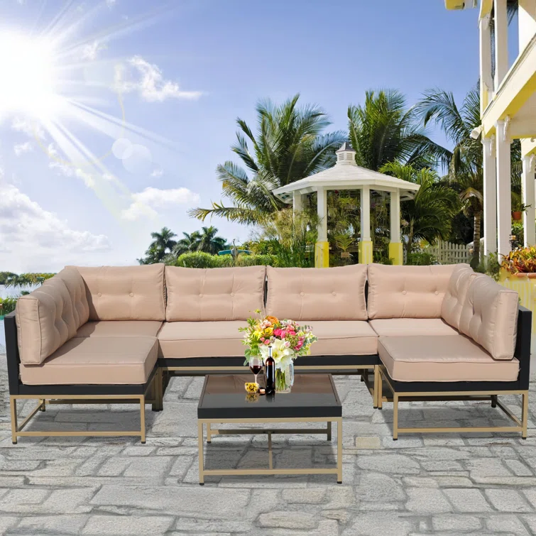 Patio 7-Piece Furniture Set,Outdoor Wicker Sectional Sofa w/Golden Legs (Set of 7)