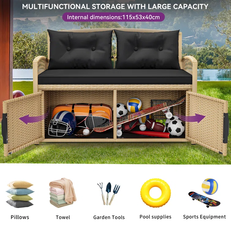 70 Gallons Wicker Water Resistant Storage Bench with Cushion