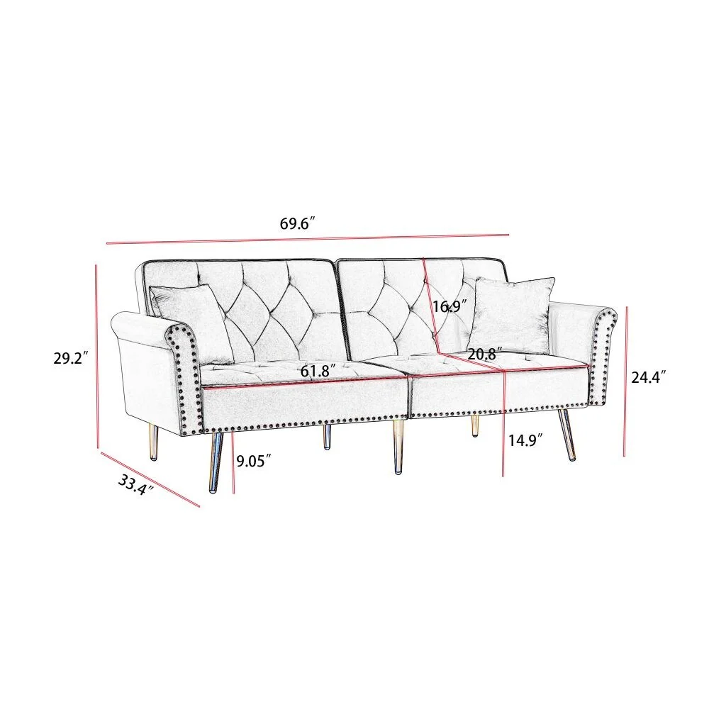 Velvet Tufted Sofa Couch with 2 Pillows and Nailhead Trim