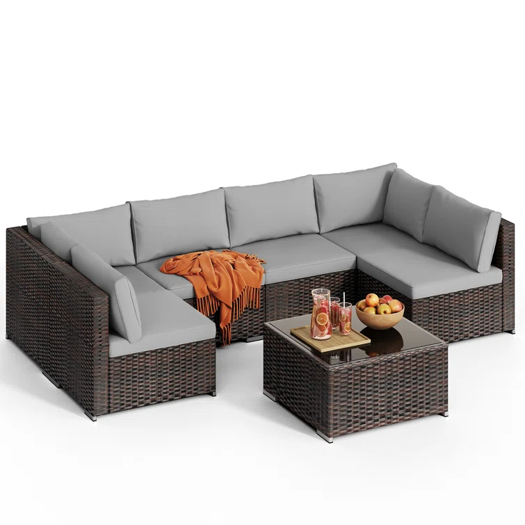 Silverts 7-Piece Slanted Back Rattan Sectional Seating Group