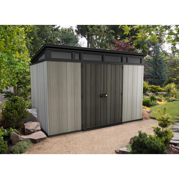 Keter Artisan 11x7 ft. Modern Durable Resin Outdoor Storage Shed With Floor and Double Doors for Garden Patio Furniture and Tools, Grey