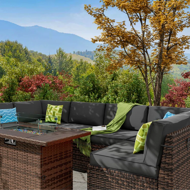 Rikuto 6-Person Slanted-Back Sectional Sofa With Fire Pit Table, Coffee Table