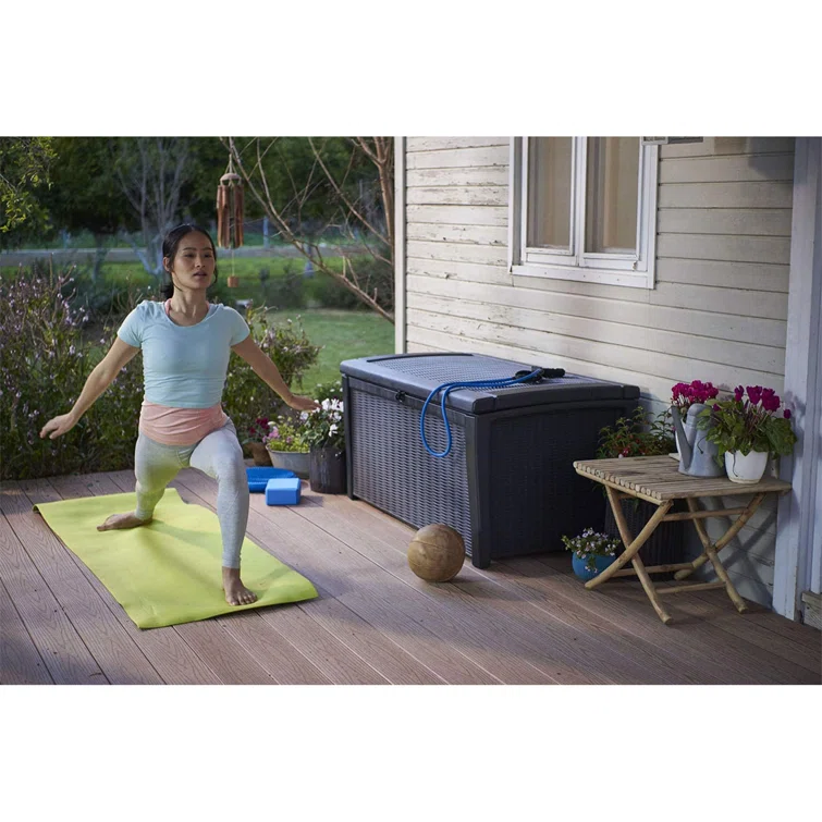 Keter Borneo 110 Gallon Rattan Wicker Resin Patio Deck Storage Box Bench