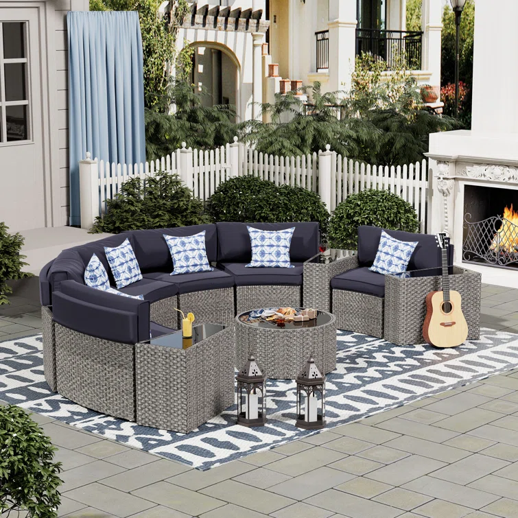 Dartmore Half-Moon 6 - Person Fully Assembled Curved Patio Conversation Set With Fire Pit Table & Side Table