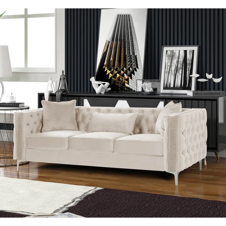 Marvine 86" Velvet Square Arm Chesterfield Sofa