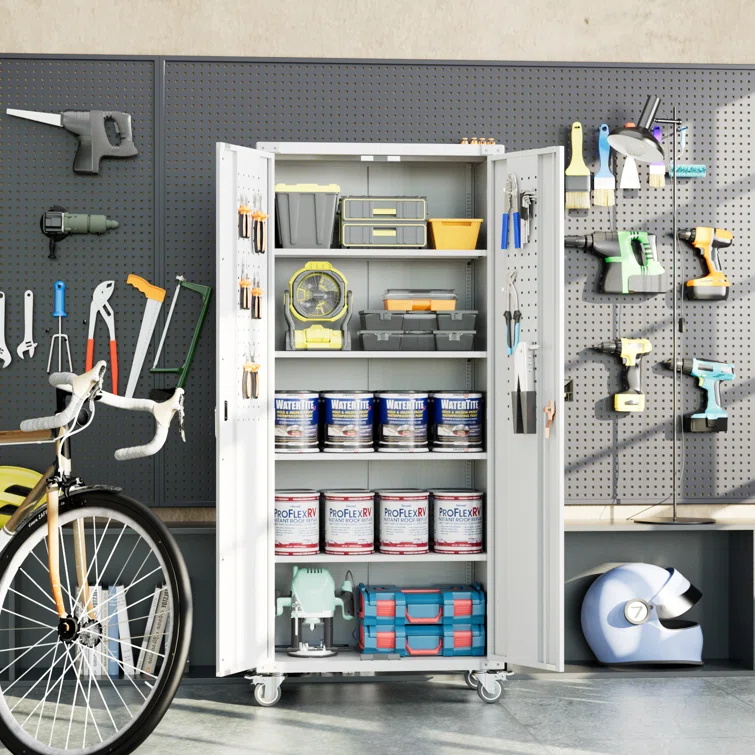 72" H x 31.5" W x 16.5" D Metal Storage Cabinet with Lockable Doors and Shelves