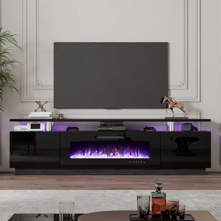 Emyrson High Gloss TV Stand for TVs, Electric Fireplace Included, with 2 Tier TV Console Cabinet