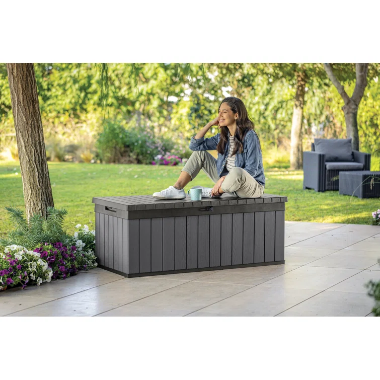 Keter Darwin 100 Gallon Durable Resin Outdoor Storage and Organization Deck Box Ideal For Garden Patio Furniture and Supplies, Graphite