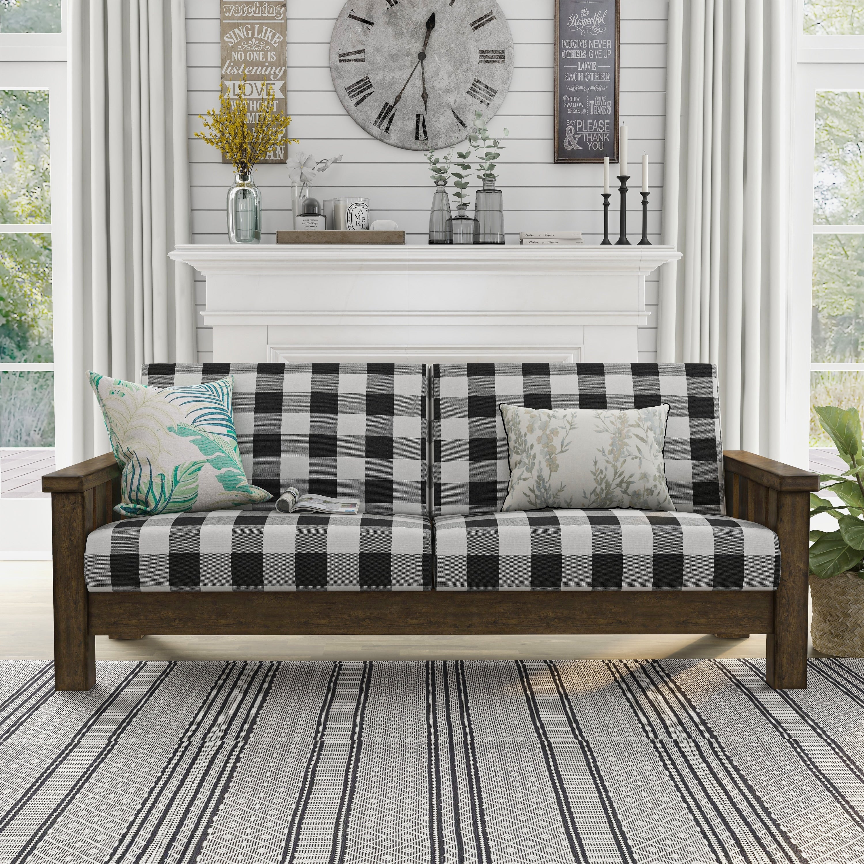 Jimo Farmhouse Rustic Oak Fabric Upholstered Wooden Arms Sofa by Furniture of America