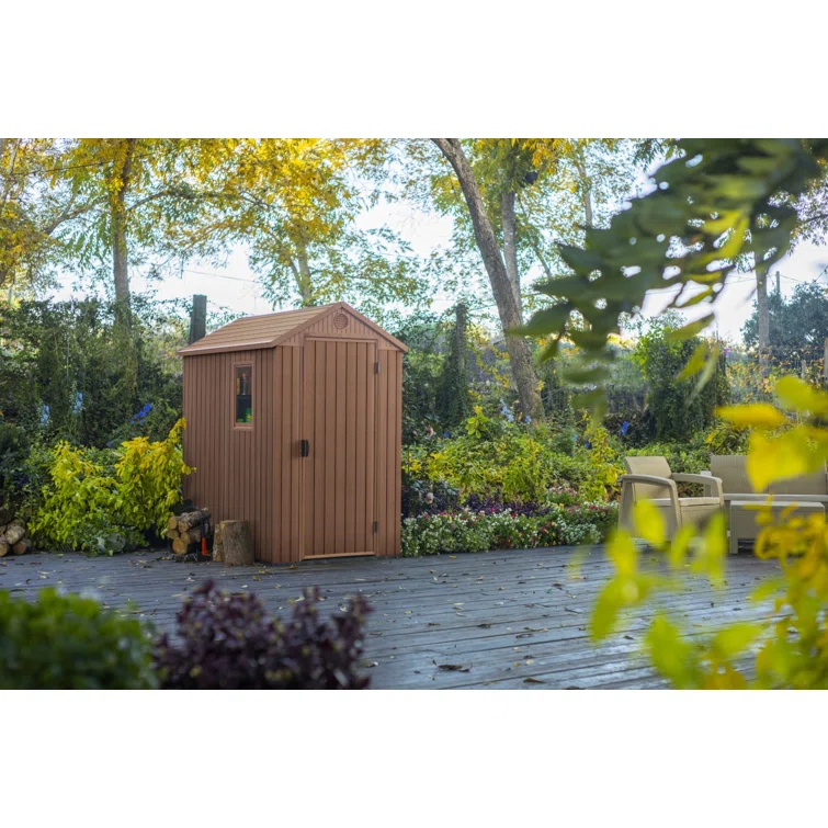 Keter Darwin 4x6 ft. Durable Resin Outdoor Storage Shed With Floor and Double Doors for Garden Patio Furniture and Tools, Brown