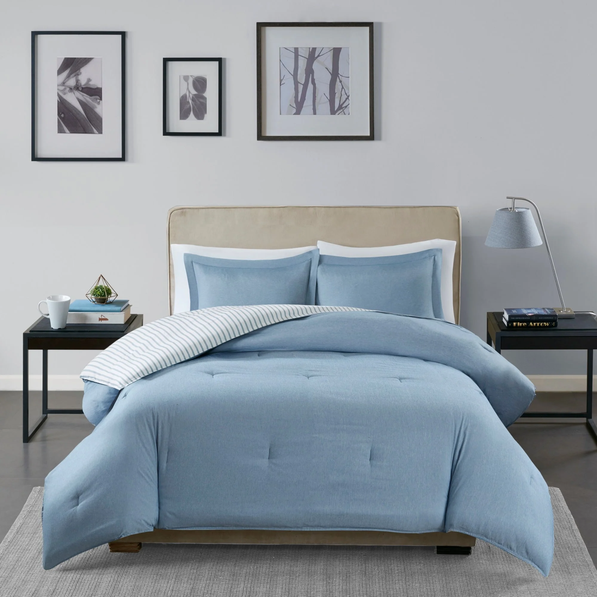 Madison Park Essentials Braydon Blue Reversible Stripe Down Alternative Comforter Set