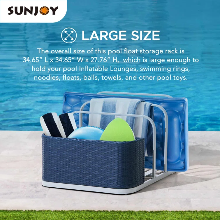 Sunjoy Rust-proof Aluminum Pool Float Storage Rack, 35 Inch Outdoor Wicker Poolside Float Organizer, Pool Float Caddy for Cushions, Floaties, Noodles, Pool Toys