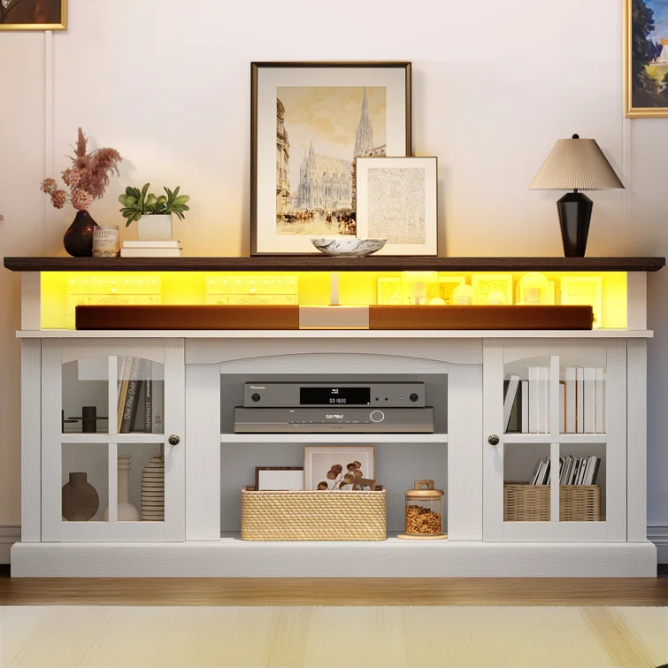 LED Farmhouse Media Entertainment Center Console Table TV Stand  w/Outlets  and Cabinet Glass Door