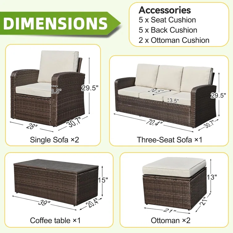 6 Pieces Patio Furniture Set Sectional Wicker Sofa Outdoor Conversation Sets With Table And Ottomans For Garden, Poolside, Backyard