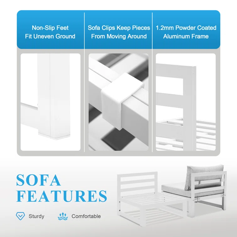 Tuyen 7 Piece  Aluminum Complete Patio Set with Fire Pit Table and Cushions