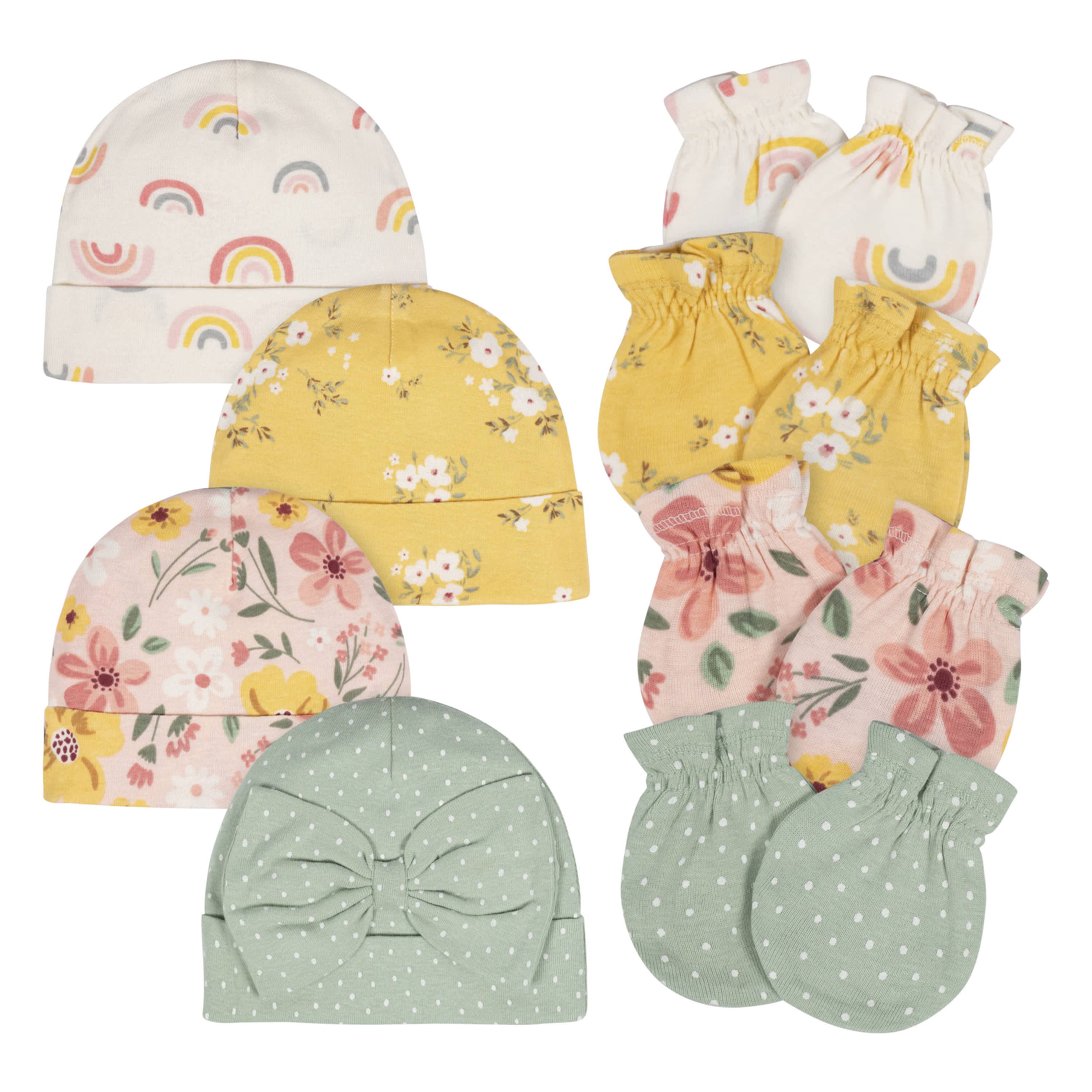 8-Piece Baby Girls Golden Floral No Scratch Mittens & Caps Set