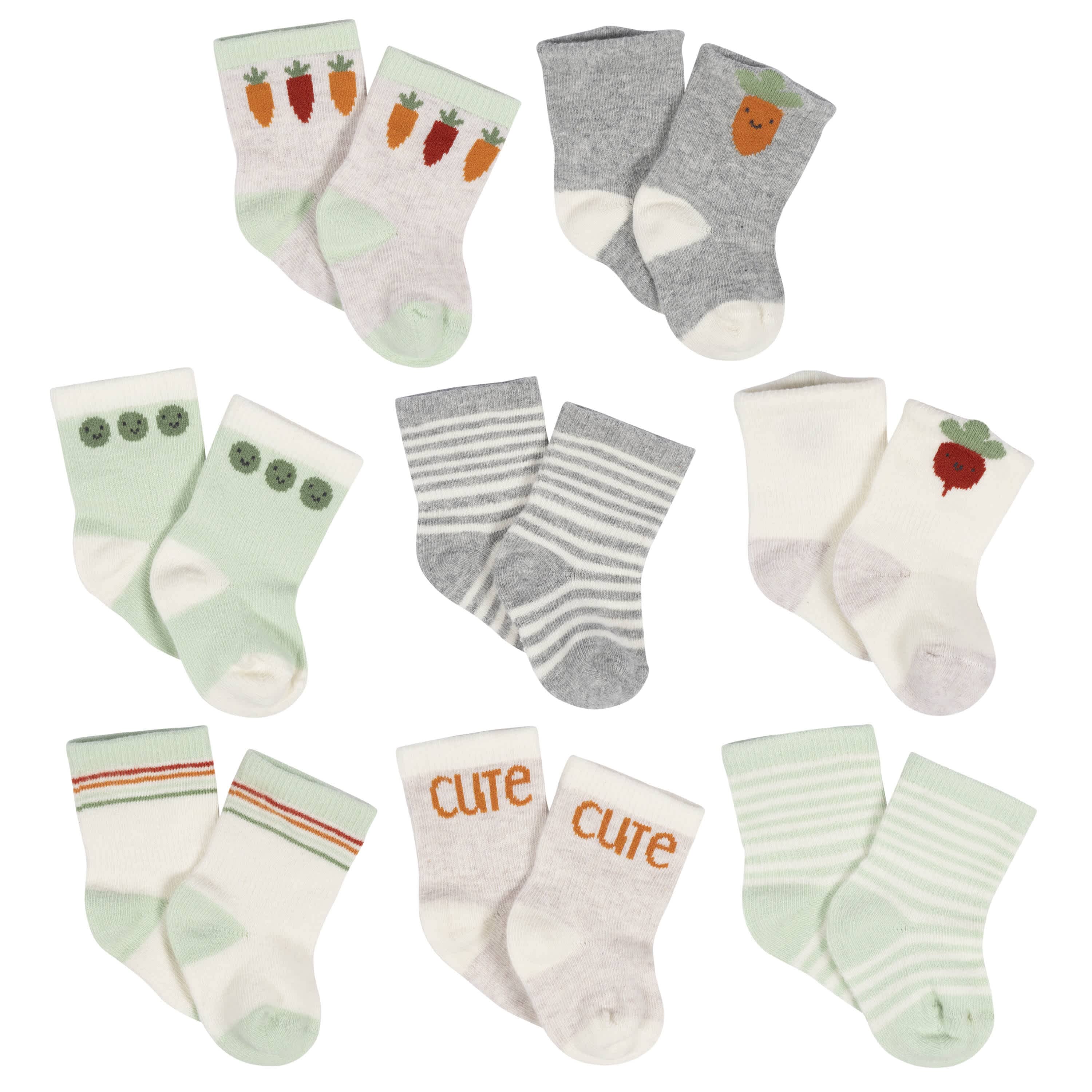 8-Pack Baby Neutral Happy Veggies Jersey Wiggle Proof® Socks