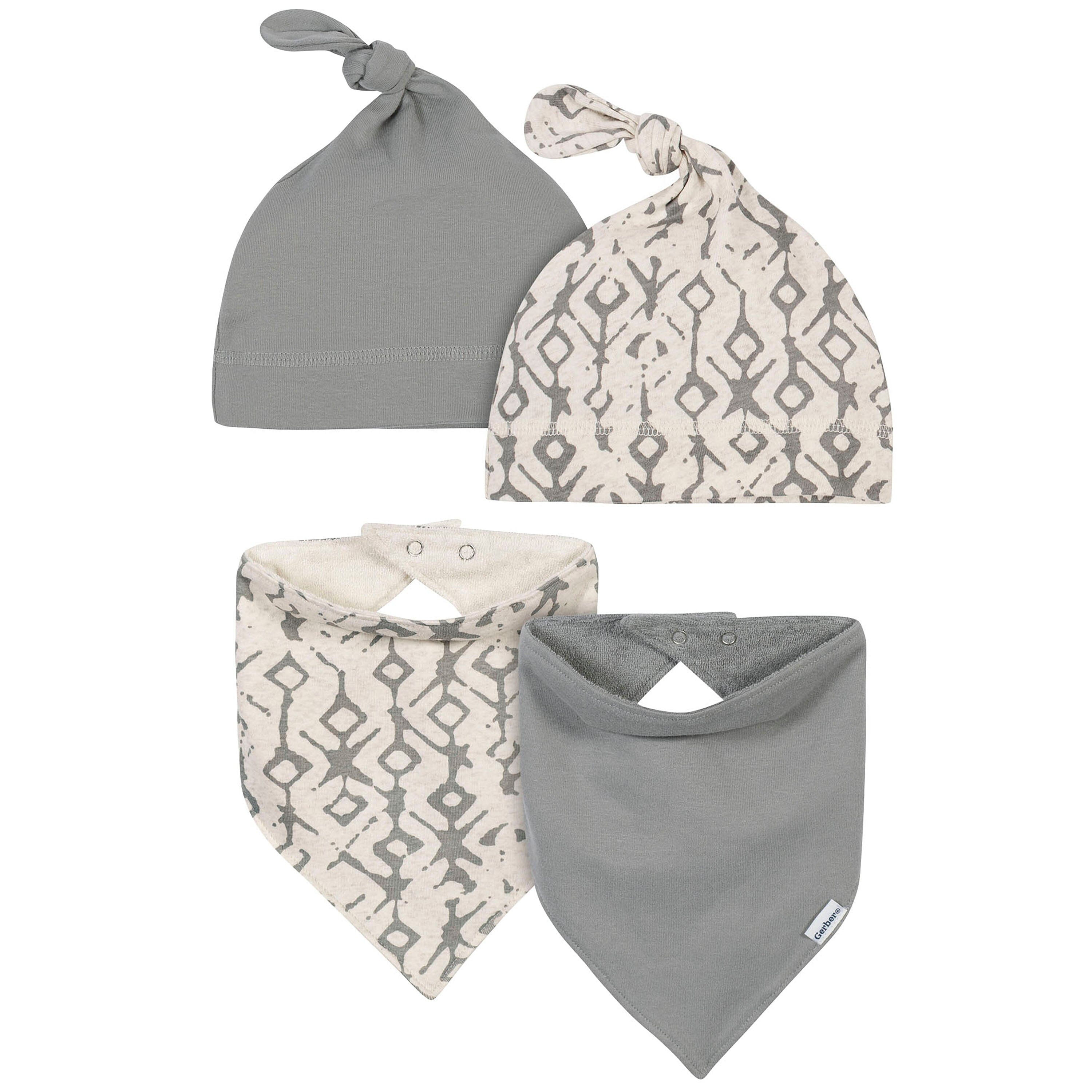 4-Piece Baby Boys Tribal & Grey Caps and Bibs Set