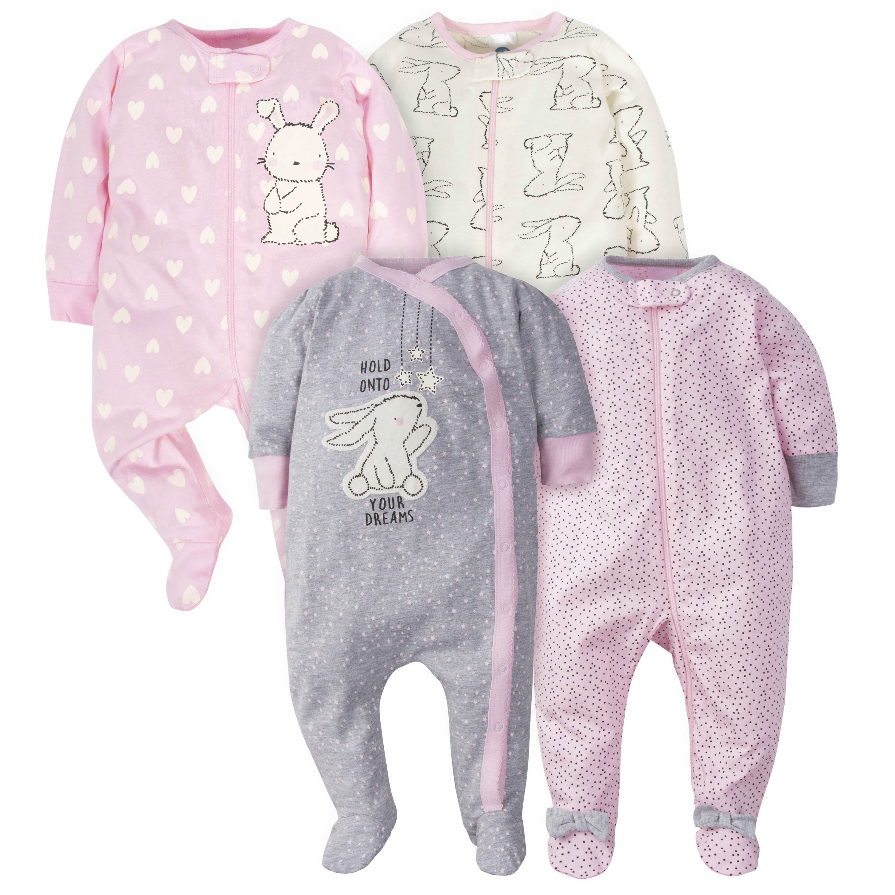 4-Pack Baby Girls Bunny Zip Front Sleep ‘N Plays