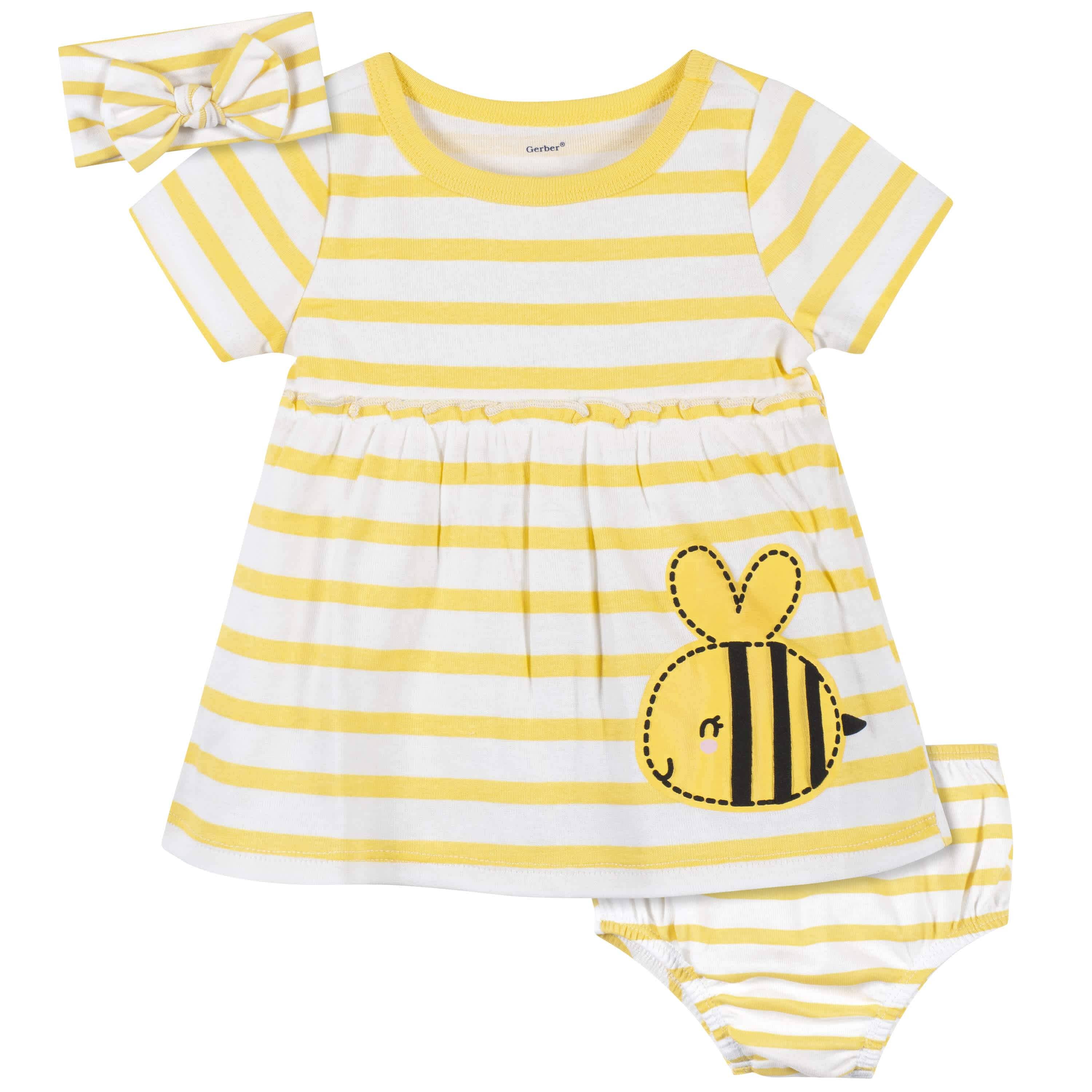 3-Piece Baby & Toddler Girls Bee Garden Dress, Diaper Cover & Headband Set