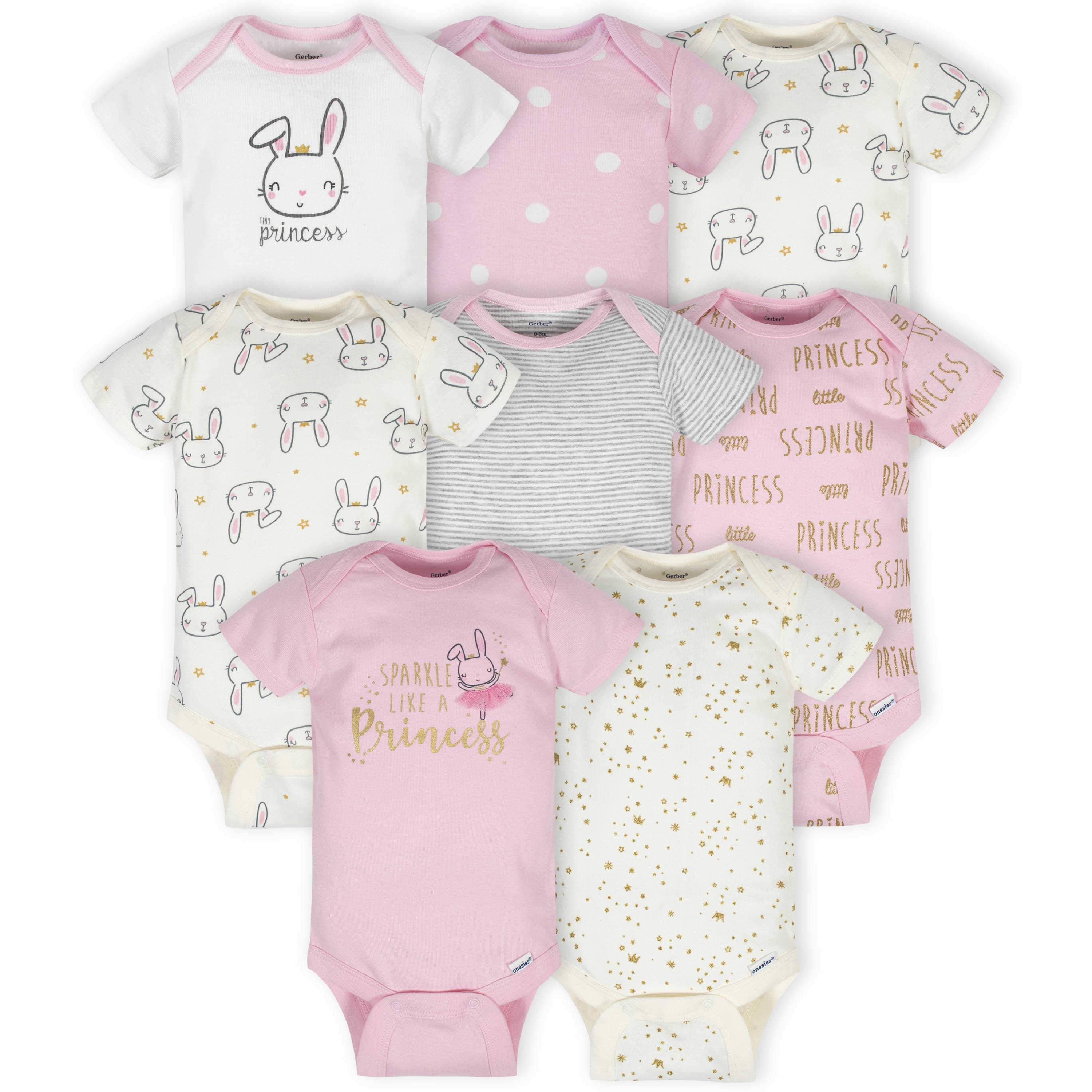 8-Pack Baby Girls Princess Short Sleeve Onesies® Bodysuits