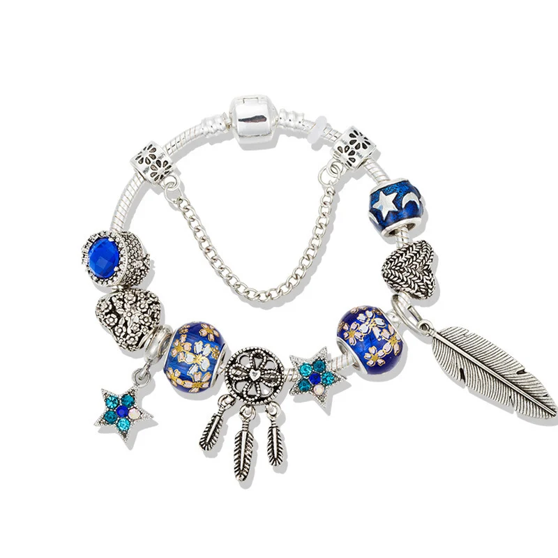 Blue Vintage Feather Dreamcatcher Charm Bracelet