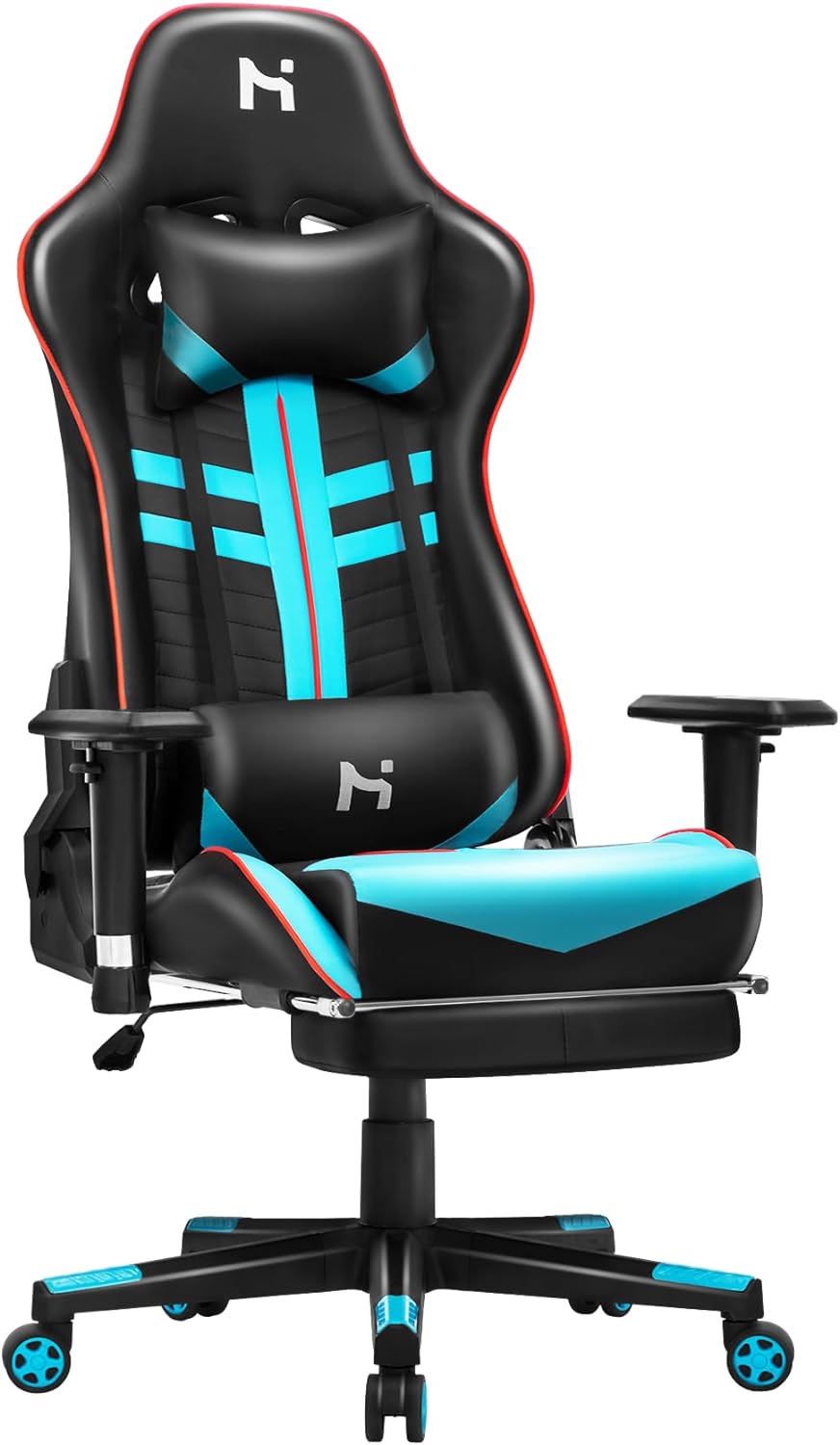 Precision Synergie Gaming Chair with Footrest, 90-165°Backrest Adjustable Office Chair for home, Gaming Chair for Adults, Ergonomic Computer Chair, Desk Chair with Upgraded 4D Armrests, Black & Blue