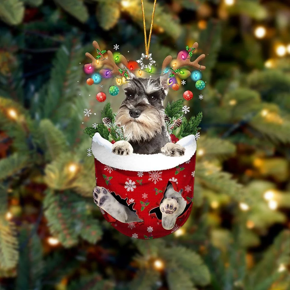 GREY Miniature Schnauzer In Snow Pocket Ornament