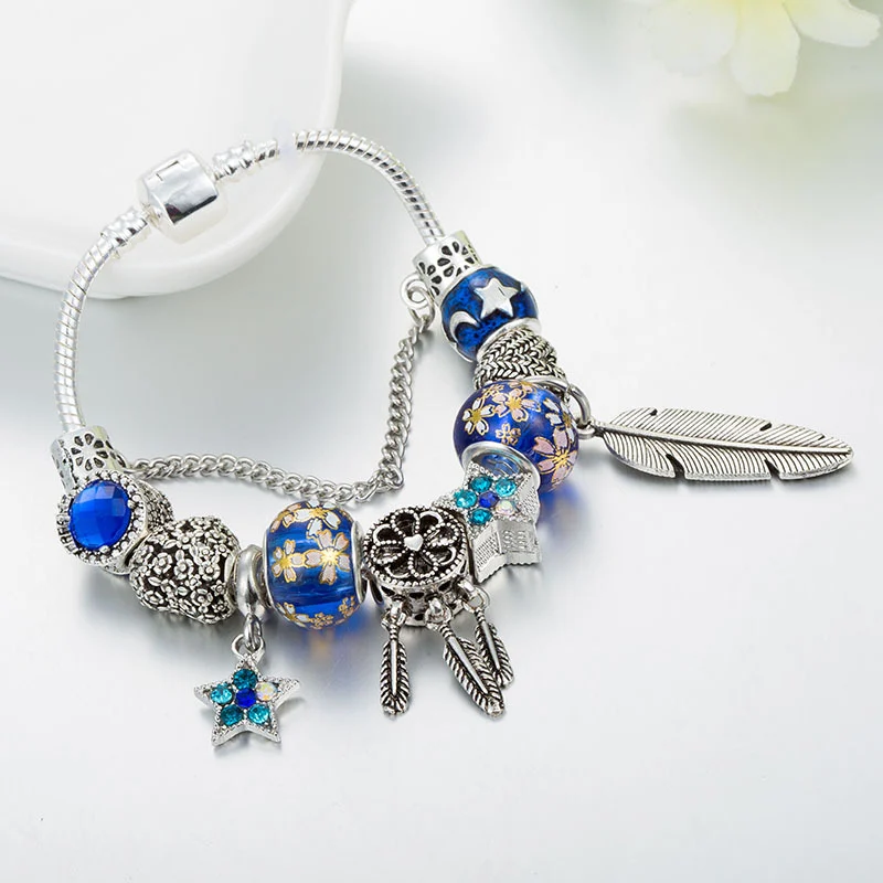 Blue Vintage Feather Dreamcatcher Charm Bracelet