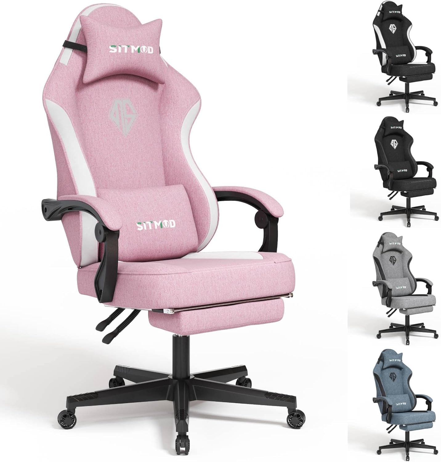 SITMOD Gaming Chair with Footrest-Computer Ergonomic Video Game Chair-Backrest and Seat Height Adjustable Swivel Task Chair for Adults with Lumbar Support(Black)-Fabric