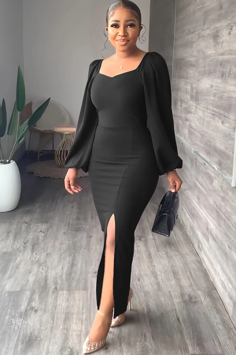 Long Sleeve Square Neck Slit Maxi Dresses