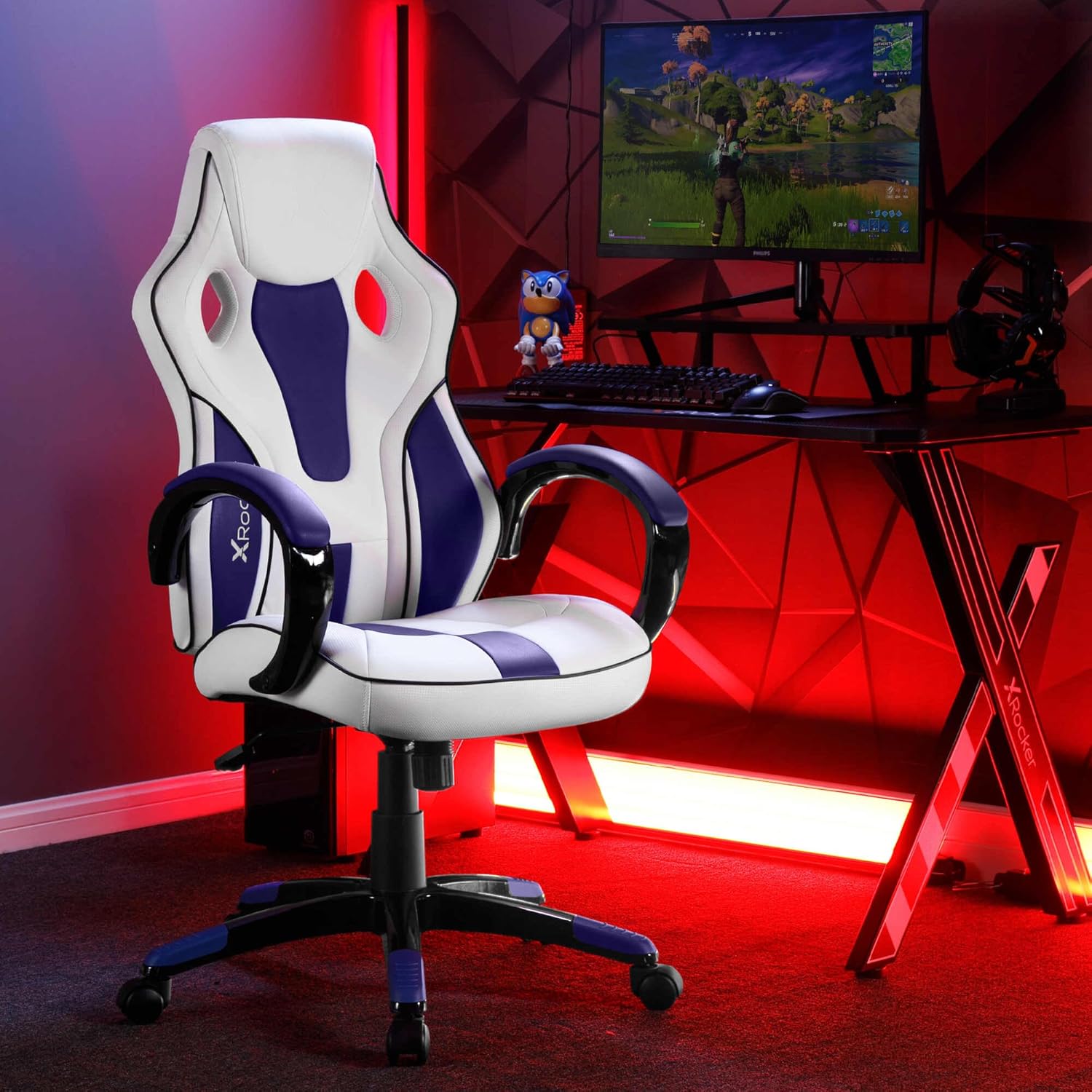 X-Rocker Maverick Gaming Chair, Ergonomic Racing Desk Chair with Armrest, Computer Swivel Chair with Back Support, Adjustable Height, Comfortable Chair with Lumbar Support Curve - WHITE/GREY