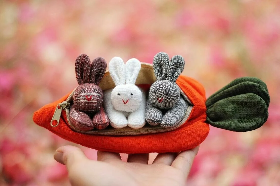 3 bunnies in carrot purse