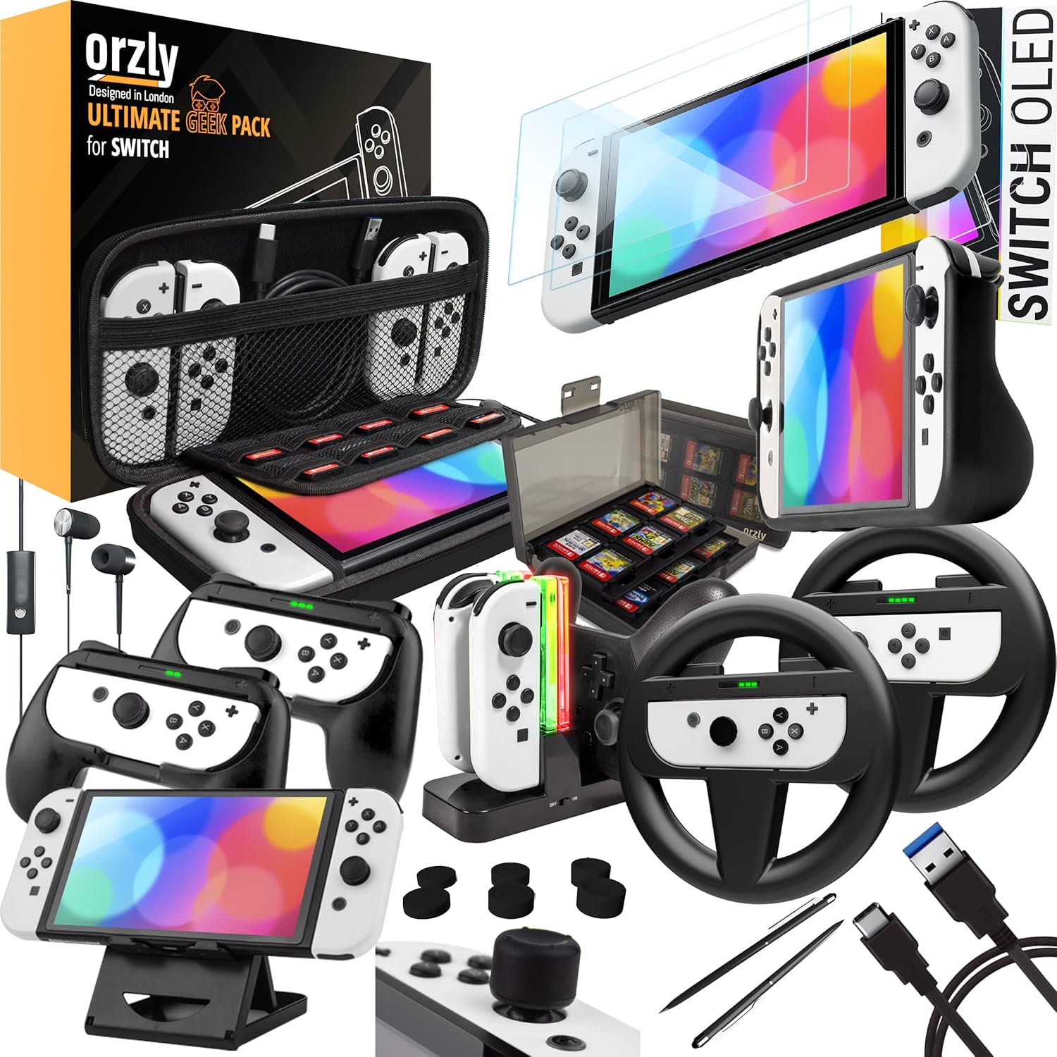 Orzly Accessory Bundle Kit designed for Nintendo switch Accessories Geeks and Oled console users Case and Screen protector, Joycon grips and Wheels for enhanced games play and more - Jet black