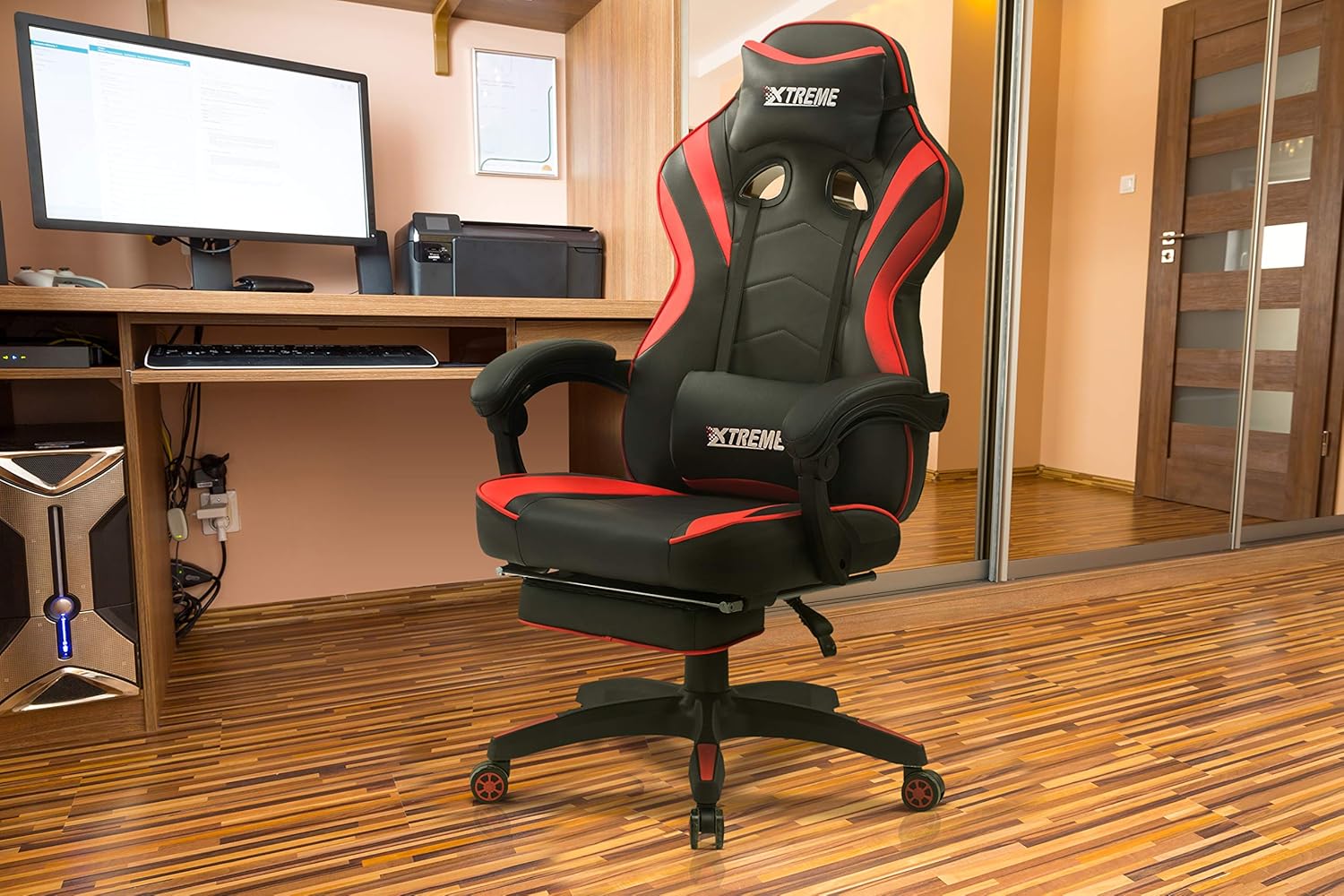 Olsen & Smith XTREME New and Improved 2026 Model Gaming Chair Ergonomic Office Desk PC Computer Recliner Swivel Chair Detachable Padded Head Rest Lumbar Support Cushion & Footrest (Black/Red)