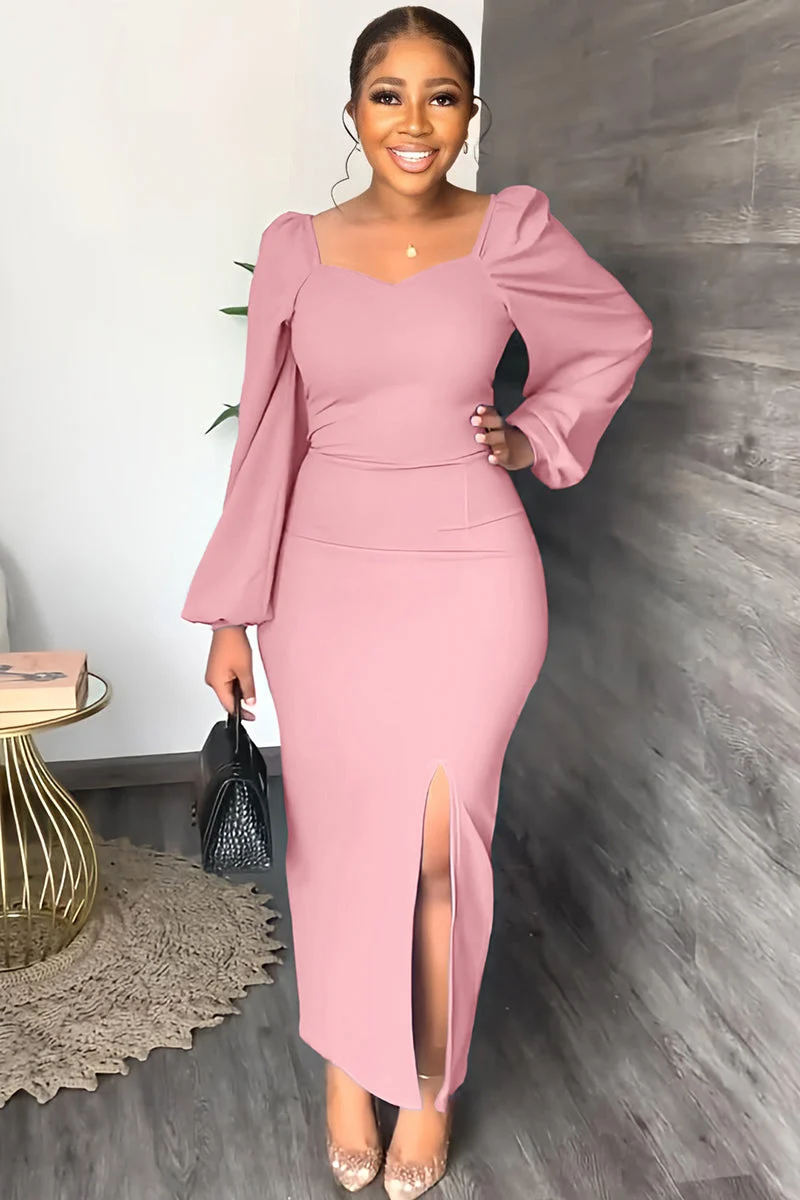 Long Sleeve Square Neck Slit Maxi Dresses