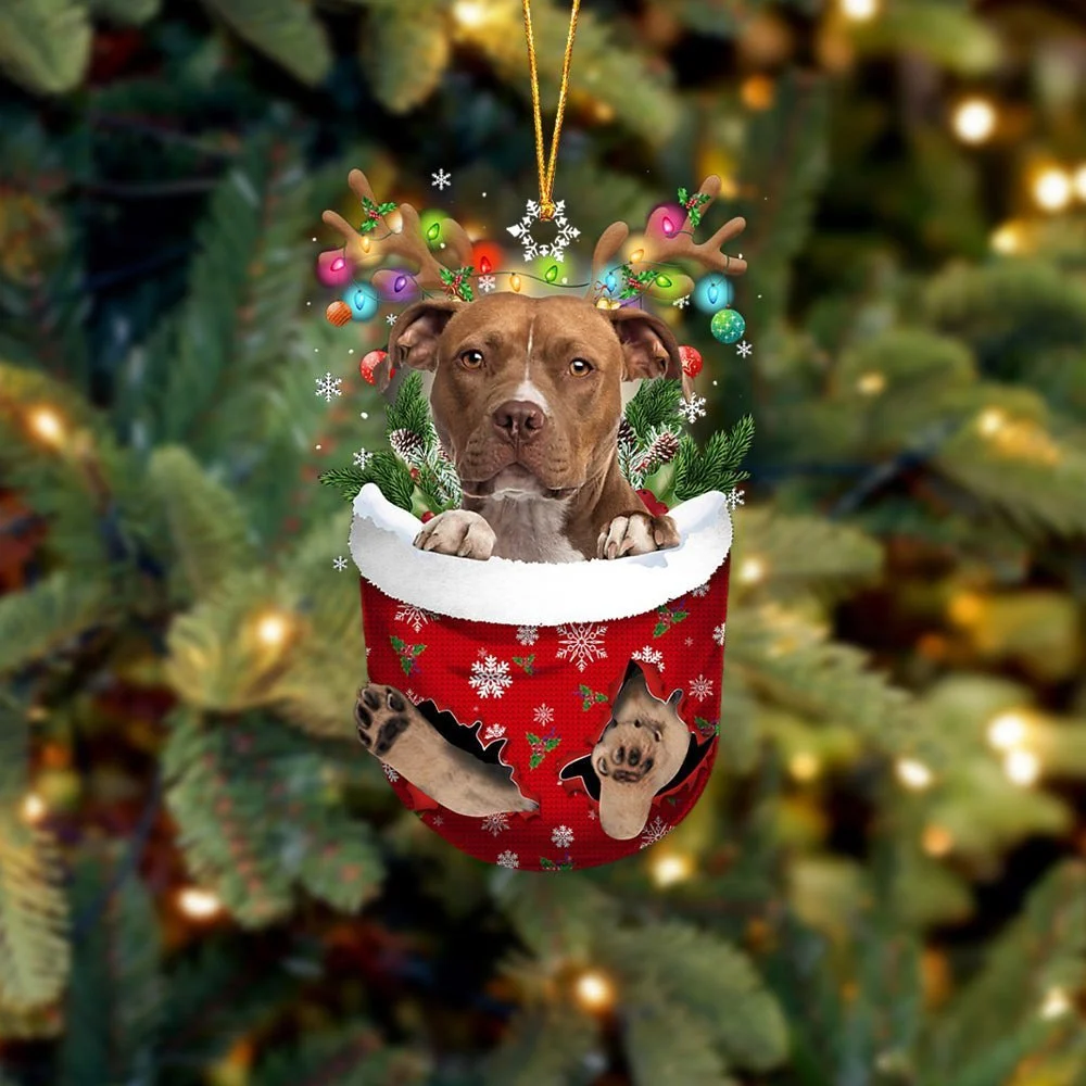 BROWN Pitbull In Snow Pocket Ornament