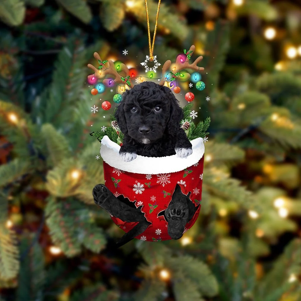 BLACK Goldendoodle In Snow Pocket Ornament
