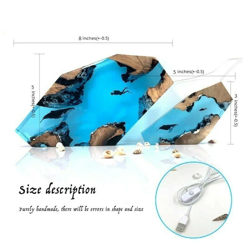 🐋Large Epoxy Resin Wood Light Lamp. Diver and Humpback whale