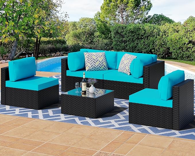 Shintenchi 5 Pieces Outdoor Patio Sectional Sofa Couch, Black PE Wicker Furniture Sets, Patio Conversation Sets