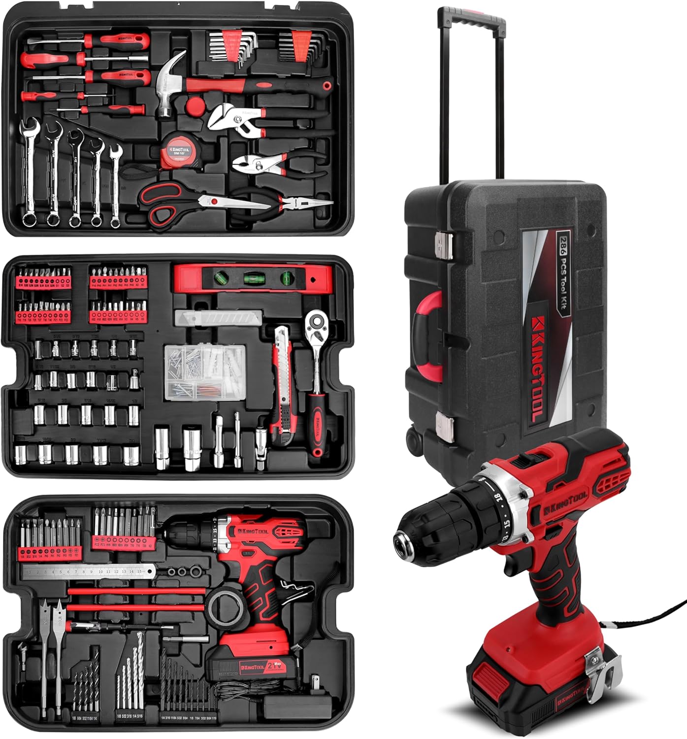 KingTool Home Tool Set Kit - 286 PCS Home Auto Repair Tool Kit with Rolling Tool Box, Mechanic Tool Sets with 21V Max Cordless Power drill, Perfect for Homeowner, Diyer, Handyman