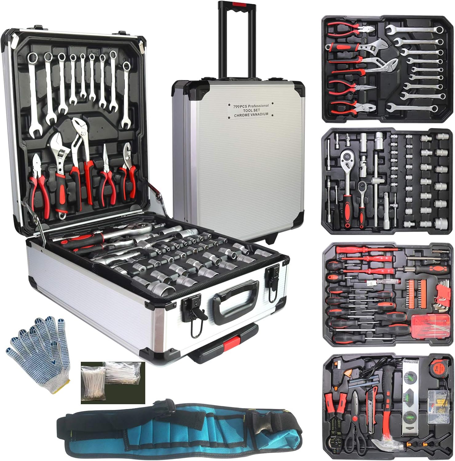Arcwares 799pcs Aluminum Trolley Case Tool Set Silver, House Repair Kit Set, Household Hand Tool Set, with Tool Belt,Gift on Father's Day (Silver)